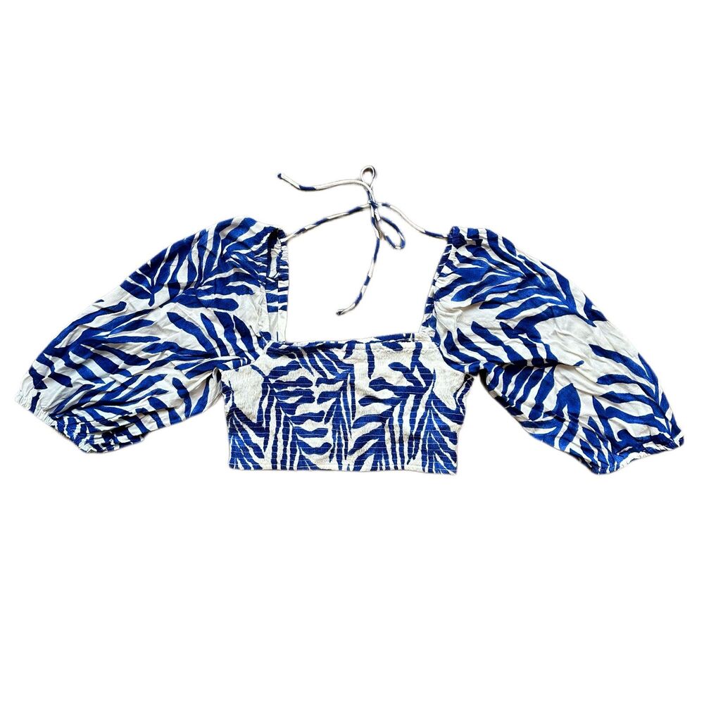 NWT H&M White and Blue Tropical Print Smocked Crop Top Women's Size Large